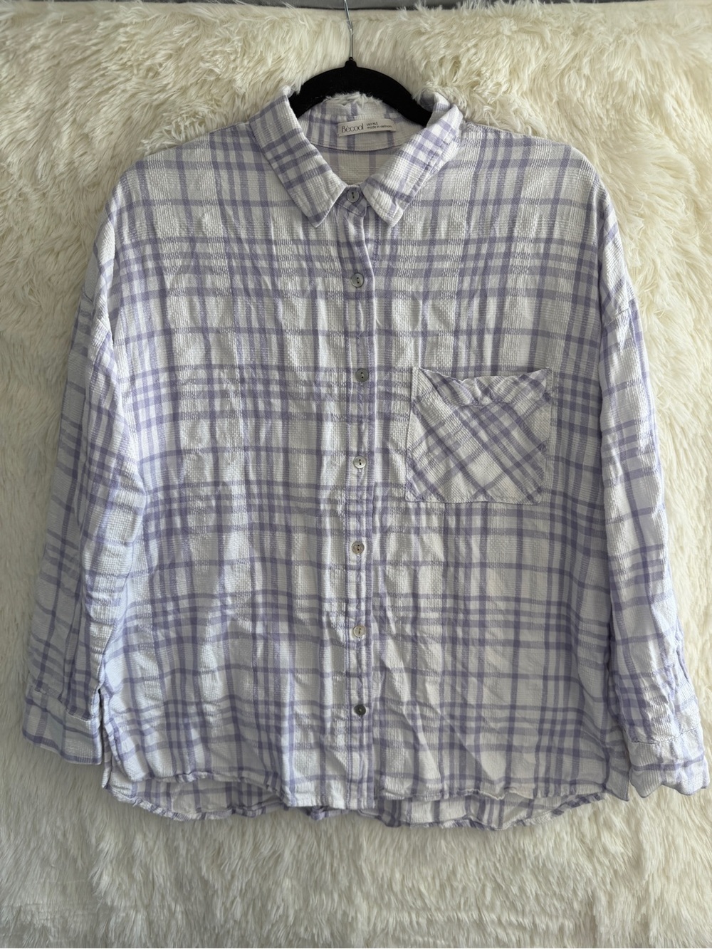 Bê Cool Womens Linen-Blend Plaid Shirt M/L Purple Coastal Grandma Cottagecore